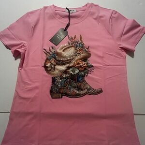 Y&F Pink Western Graphic Tee Rhinestone Cowboy Boots Floral S/M New Boho